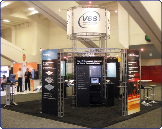 VSS Monitoring has a great time rearranging all of our parts and pieces every time they do a show. Their tradeshow manager loves to change it up each time. Here is a 20 x 20 based loosely on the Ashbury that they used at the 2010 RSA show in Moscone center, San Francisco.