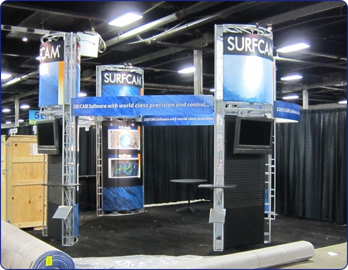 Surfcam has it down. They love their Presidio and have built a crate that houses everything else they need for the show. We bring the exhibit, they show up and put out their items, hook up their laptops, etc. Here they are at Eastec 2011 in West Springfield, MA.